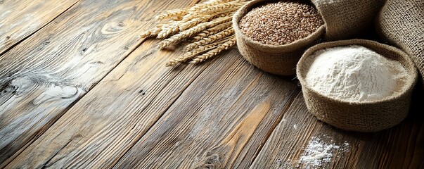 Rustic wheat seeds, organic whole grain flour in sacks, and wheat ears scattered on an old wooden floor, evoking a natural, wholesome environment