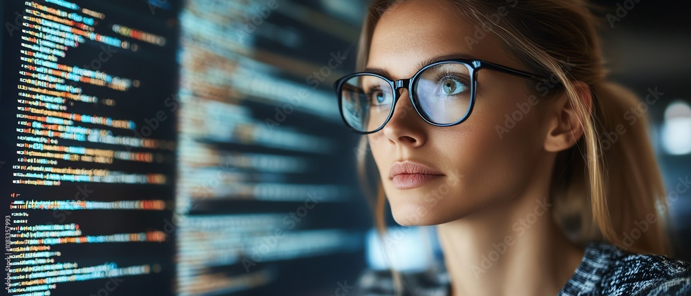 Leinwandbilder Woman in glasses working on data analytics, coding on a holographic screen, immersed in a hightech environment with computer scripts and algorithms
