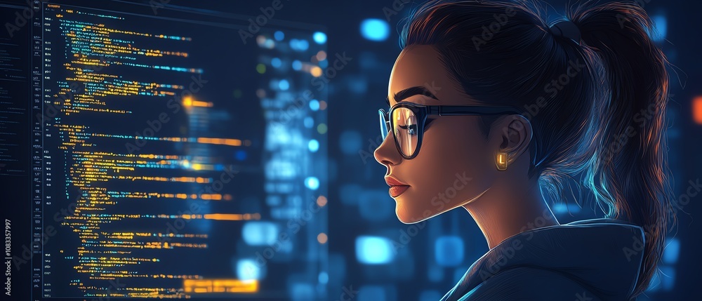 Leinwandbilder Woman in glasses working on data analytics, coding on a holographic screen, immersed in a hightech environment with computer scripts and algorithms