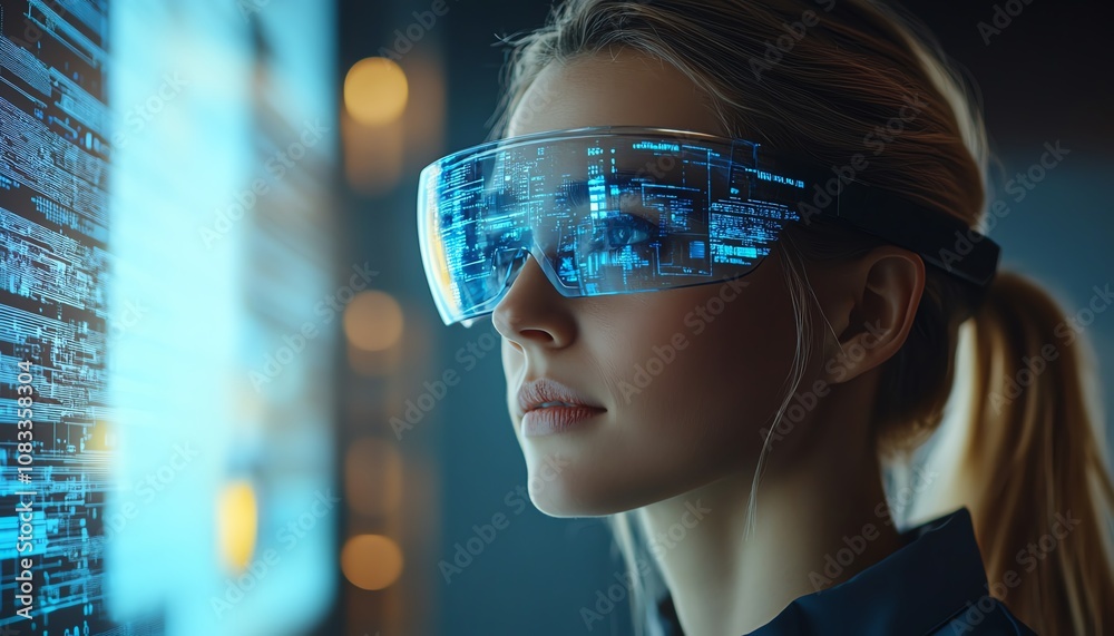Poster A female information technology worker with glasses, programming and navigating through a futuristic holographic coding system in a modern office