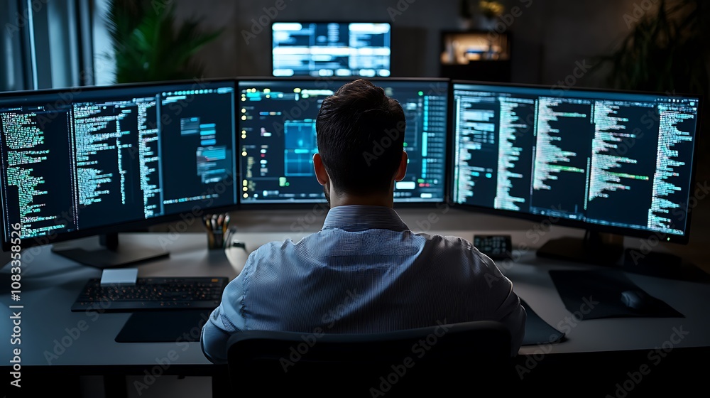  a person working at a multi-monitor setup, analyzing code and data for technology projects.