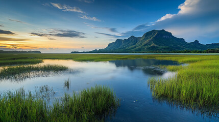 Fototapeta premium Beautiful sunset over tranquil wetlands with mountains in the background at dusk