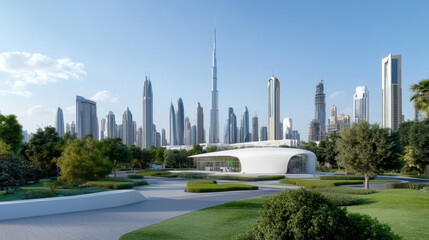 Fototapeta premium Futuristic cityscape of Dubai with Museum of the Future (arabic text meaning The future belongs to those who can imagine it design it and execute it