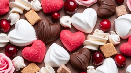 Delicious heart shaped chocolate candies sugar cranberry meringue and rose flowers food for Valentines Day or Womens Day greeting card advertising banner or store invitation selective focus