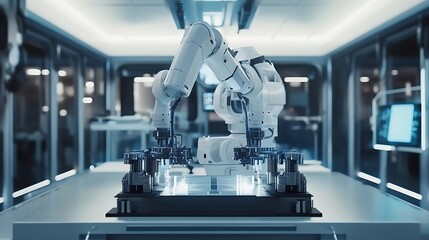 Fototapeta premium A robotic arm working on an assembly line in a modern industrial setting.