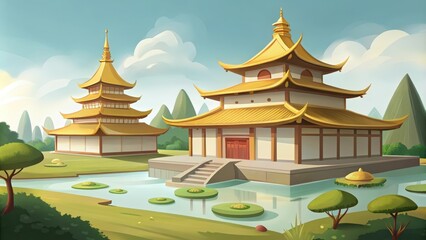 Fototapeta premium Golden Pagoda Temples with a Surrounding Pond and Lush Greenery