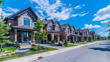  a beautiful suburban neighborhood with a row of modern detached houses under a bright blue sky The scene is set on a sunny day, with well manicured lawns, charming front yards, and neatly paved road