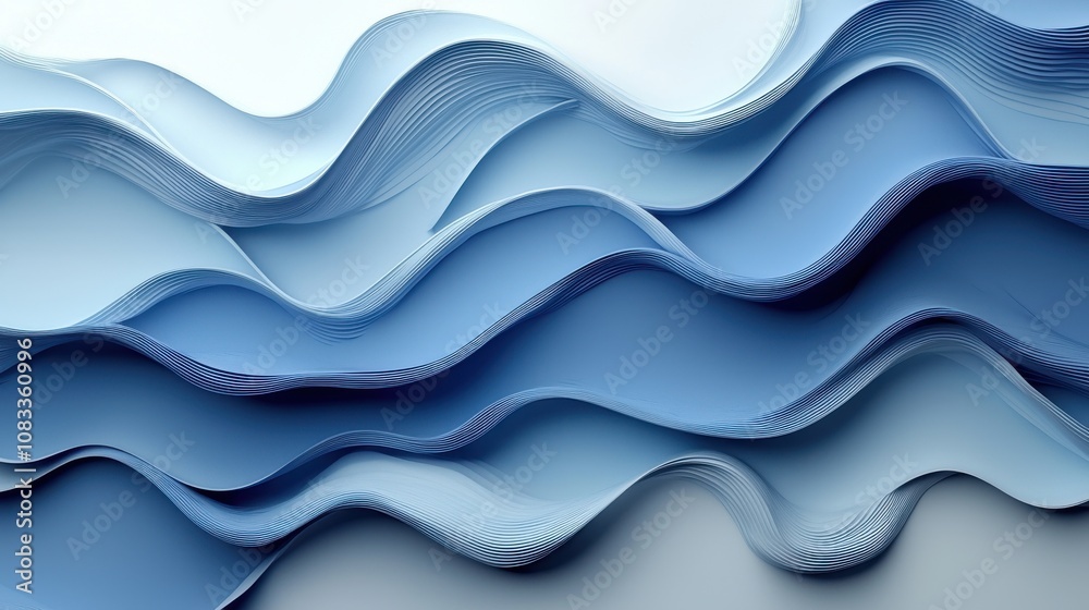 Poster flowing waves of blue paper creating a serene and textured background suitable for design or artisti