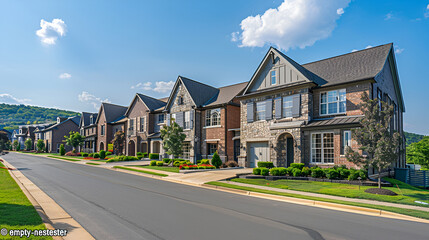  a beautiful suburban neighborhood with a row of modern detached houses under a bright blue sky The scene is set on a sunny day, with well manicured lawns, charming front yards, and neatly paved road