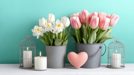 Obraz premium Fresh spring white and pink tulips and narcissus in grey bucket heart candles in decorative bird cages in ray of light on white painted wooden background against turquoise wall Selective focus