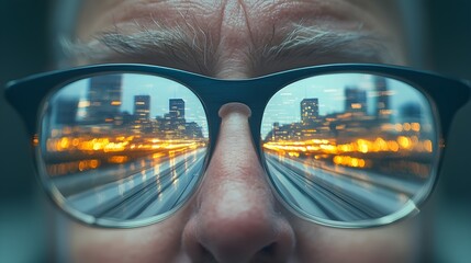 Close-up of an elderly man with city reflections in glasses