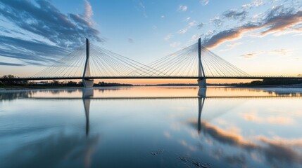 Obraz premium A serene sunset view of a cable-stayed bridge reflecting in calm waters.