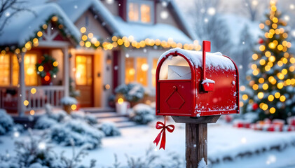 Red letter box Festive Mailbox with Snowfall and Christmas Tree - Winter Holiday Joy, Christmas Mailbox with Snowflakes and Decorated House