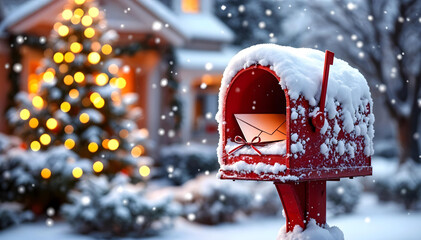 Red letter box Winter Wonderland Mailbox with Christmas Lights and Snowfall - Festive Holiday Scene, Christmas Mailbox with Snowflakes and Decorated House