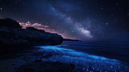 The surreal beauty of a bioluminescent bay glowing under a starry sky, Coastal scene, Surreal style