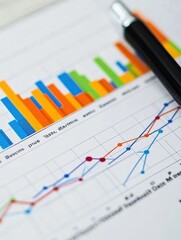 A business report featuring colorful bar graphs and line charts with a pen.