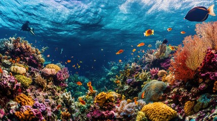 Obraz premium The vibrant colors of a coral reef in Raja Ampat teeming with marine biodiversity, Coral reef scene, Vibrant style