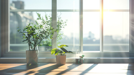 Fototapeta premium Bright warm sunlight hits the window with a view of the morning city. There are potted plants on the table. A cozy room. Good morning