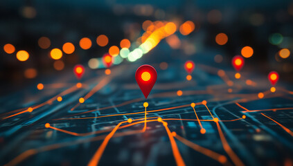 A red pinpoint glowing on the map of roads with multiple other pins. The location is highlighted by yellow lines and orange dots along it. In the background, a blurred city street at night