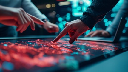 Collaborative Team Meeting with Digital Interface, Hands Pointing at Interactive Screen Displaying Data Analytics and Technology Insights in Modern Office Space