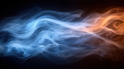 Fototapeta premium Colorful wisps of blue and orange smoke swirling together against a dark backdrop creating an abstract visual display