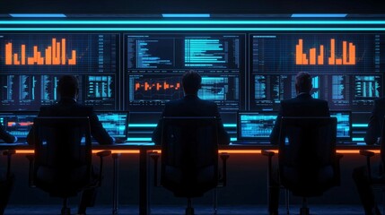 Corporate team analyzing data on modern screens in a dark office, showcasing vibrant graphs and statistics for effective decision-making in a tech-driven environment