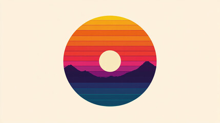 Colorful sunset landscape with mountains enclosed in a circular design on a light background