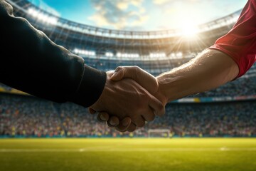 Two Hands Shaking on a Sports Field in a Stadium at Sunset, Symbolizing Sportsmanship, Teamwork, and Unity in Athletic Competition Amid a Thriving Crowd