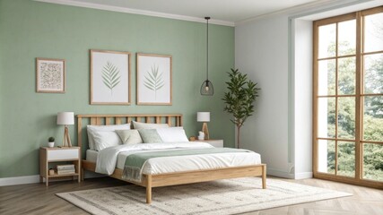 Fototapeta premium Modern bedroom with serene green accents and natural light