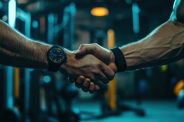 Two Athletes Shaking Hands in a Modern Gym, Symbolizing Friendship, Teamwork, and Commitment to Fitness and Personal Growth in a Dynamic Environment
