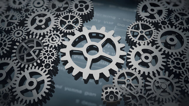 Large interconnected network of gears symbolizing corporate competition, with one oversized gear dominating the scene, representing antitrust concerns. Central gear with copy space for text.