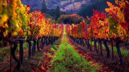 Fototapeta premium Vibrant Autumn Colors in Vineyard Rows