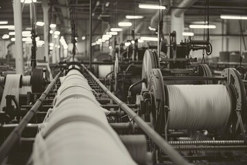 Large textile factory with multiple spools of thread being processed during daytime operation for clothing production. Generative AI