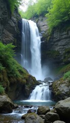 Fototapeta premium Beautiful waterfall cascading down rocky cliffs surrounded by lush greenery