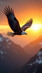 Naklejka premium Majestic eagle soaring over mountains with a golden sunrise in the background