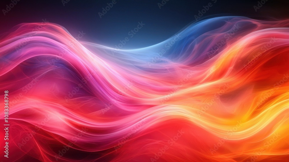 Poster colorful abstract wave patterns with smooth gradients flowing across a dark background in a vibrant 