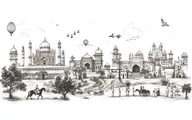 Fototapeta premium Hand-drawn sketch of historical Indian palace complex with people and birds