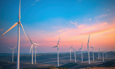 Fototapeta premium stunning view of wind farm at sunset, showcasing numerous wind turbines against colorful sky. landscape is serene and emphasizes renewable energy