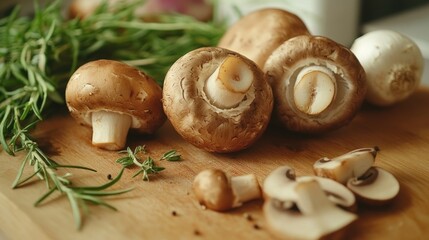 Fresh mushrooms with rosemary and herbs on wooden cutting board