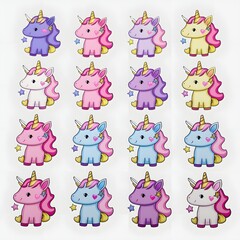 Adorable Collection of Pastel Unicorns: A Delightful Array of Cute Cartoon Unicorns in Various Pastel Colors, Perfect for Children's Decor, Stickers, or Party Supplies.