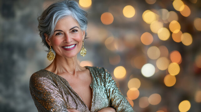 Beautiful 50s mid age beautiful physically fit senior model gray hair smiling mature stylish woman close up gold festive shirt earrings face makeup skincare fitness dental Christmas party background