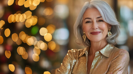 Beautiful 50s mid age beautiful physically fit senior model gray hair smiling mature stylish woman close up gold festive shirt earrings face makeup skincare fitness dental Christmas party background