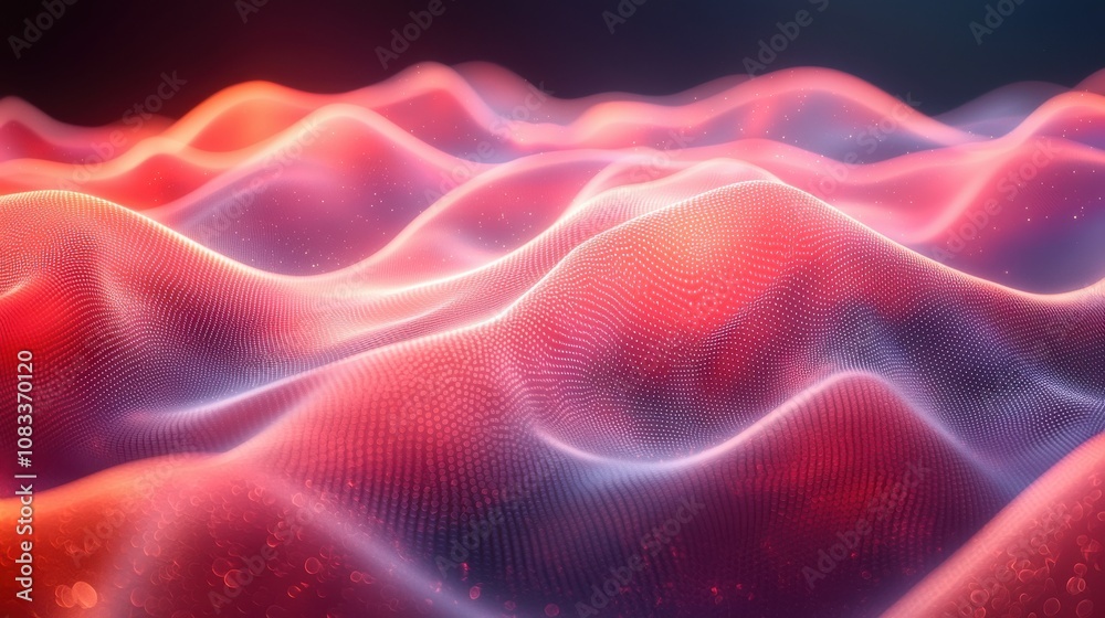 Poster abstract representation of vibrant waves with flowing patterns in shades of red and blue, creating a