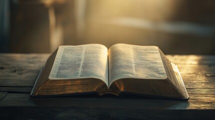 Obraz premium Open book with glowing pages on wooden table in warm light