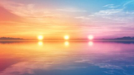 Fototapeta premium Three suns set over calm waters with vibrant colors reflecting at the horizon during twilight