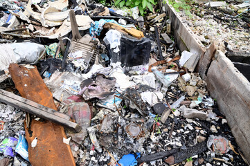 BANGKOK, THAILAND - November 15, 2024: Debris from a house after a fire caused by an electrical...