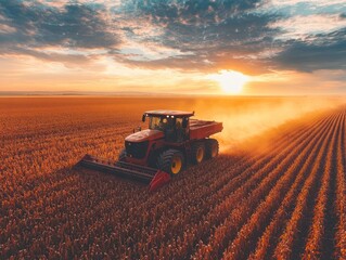Fototapeta premium Red tractor working in a field at sunset.