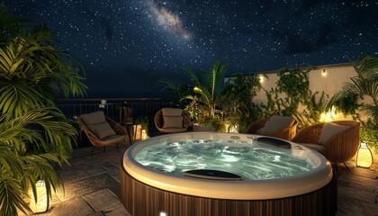 Fototapeta premium rooftop jacuzzi with bubbling water, set against a night sky full of stars. Surrounded by plush loungers and greenery, the scene evokes a luxurious and relaxing spa atmosphere, perfect for unwinding