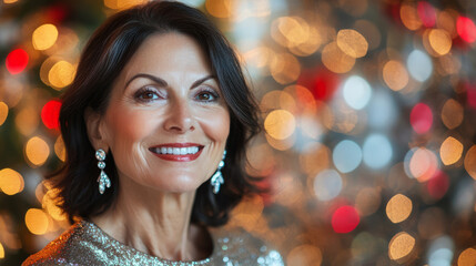 Mature stylish woman close up portrait silver festive well fitted shirt elegant earrings. Healthy face skin care, skincare fitness hair dental Defocused Christmas party holiday background copy space