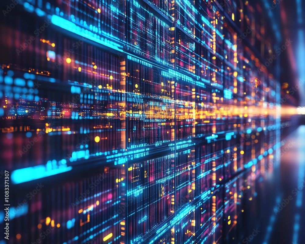 Poster futuristic library with glowing digital data streams, representing the seamless integration of cloud